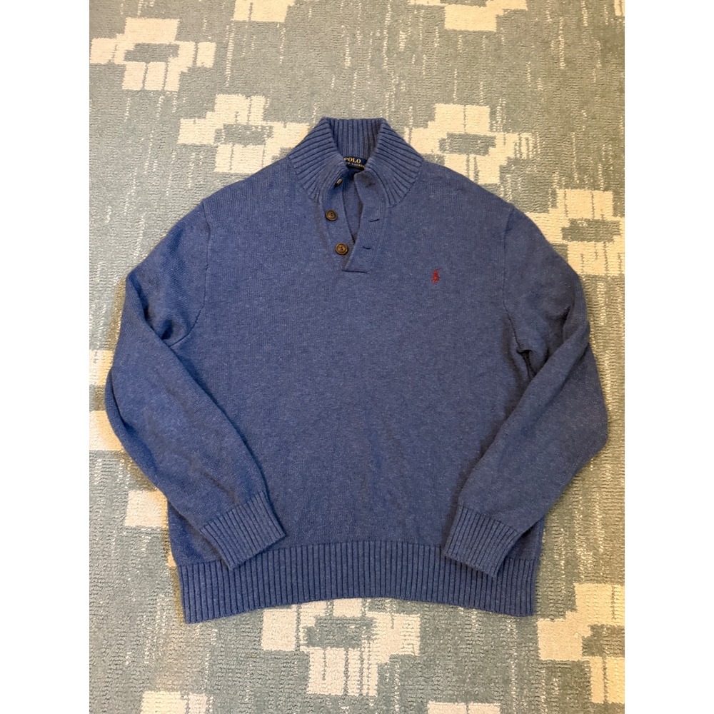 Polo Ralph Lauren Mens XL Blue Heather 3-Button Mock Neck Pony Logo Sweater - Picture 2 of 9